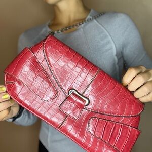Red Vintage Leather Rina Rich Croc-Embossed Clutch with Chain straps.90s fashion